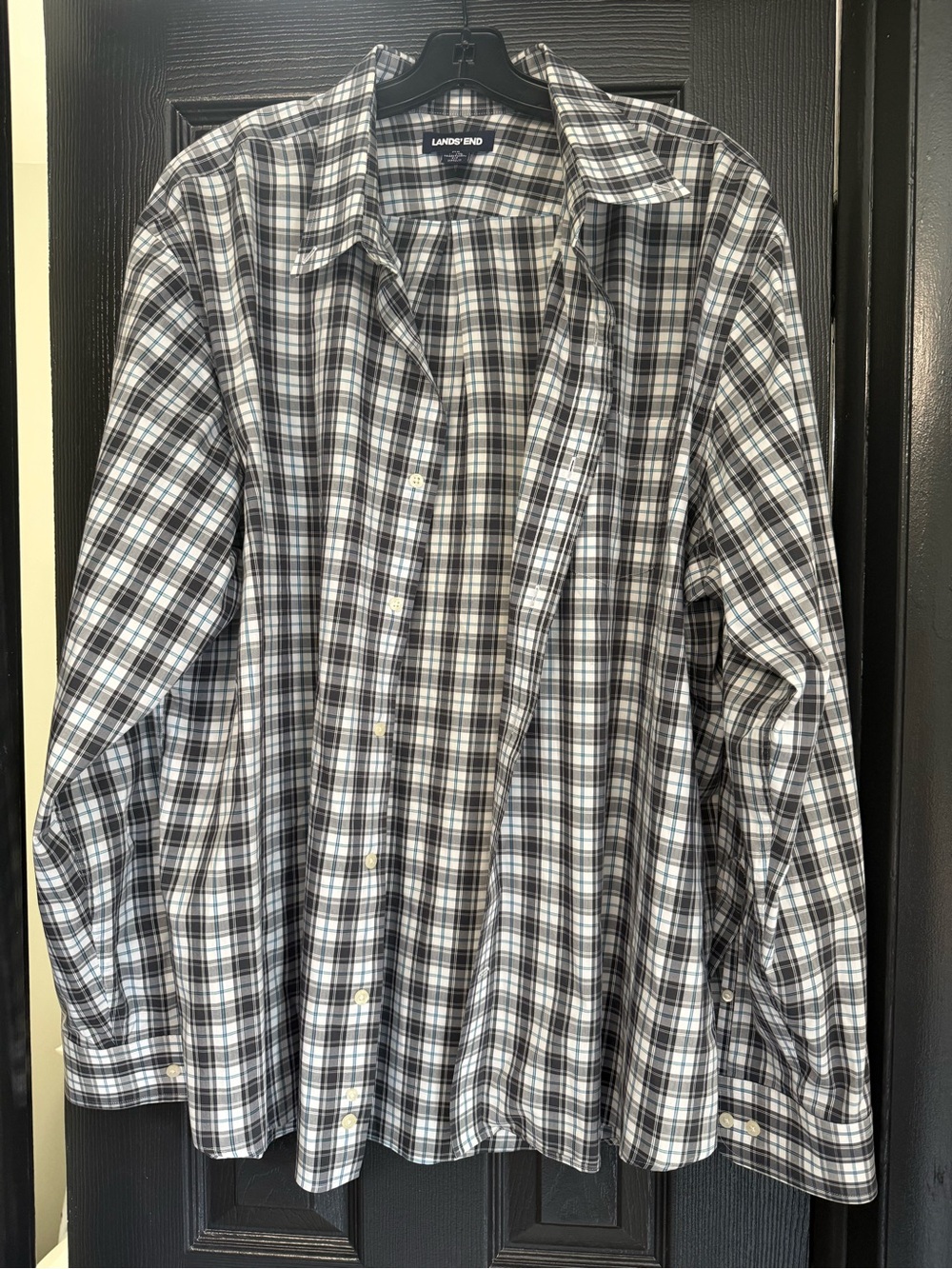 Lands' End Men's Black and White Plaid Button-Down Shirt
